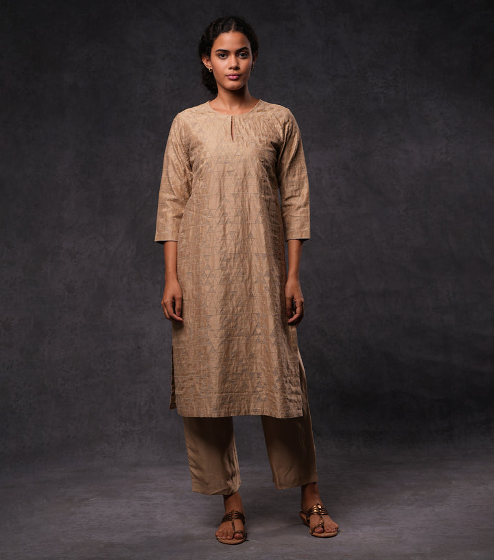 Beige Patchwork & Embroidered Cotton Silk Kurta Set