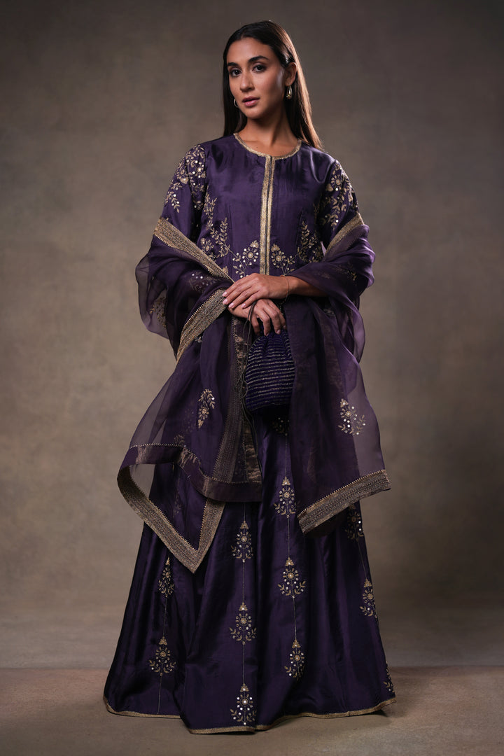 Dia Mirza in Purple Hand Embroidered Silk Lehenga Set with Kurti & Dupatta