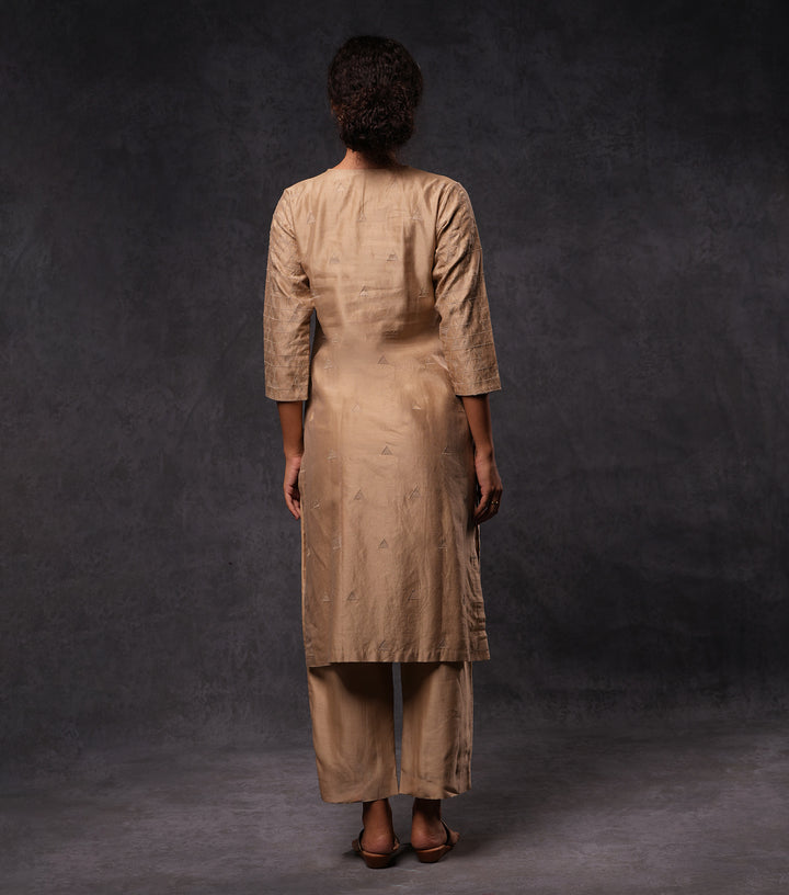 Beige Patchwork & Embroidered Cotton Silk Kurta Set