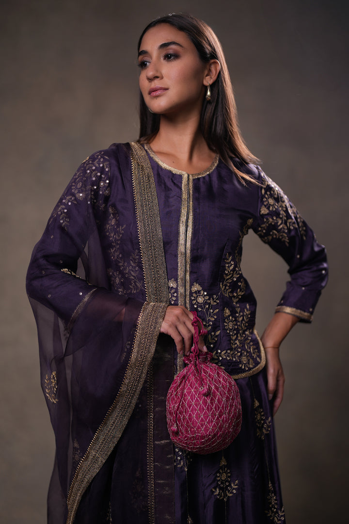 Dia Mirza in Purple Hand Embroidered Silk Lehenga Set with Kurti & Dupatta