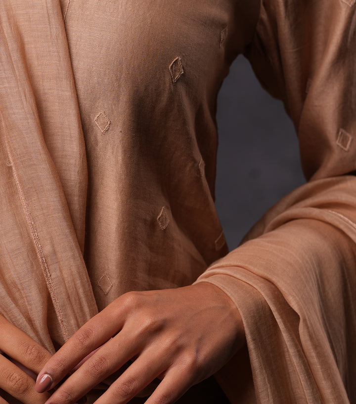 Beige Embroidered Cotton Silk Kurta Set