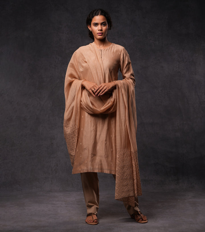 Beige Embroidered Cotton Silk Kurta Set
