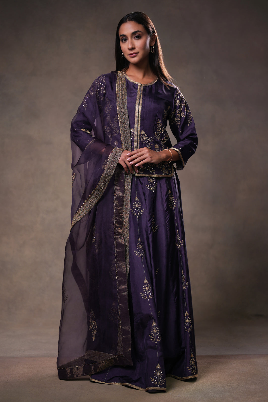 Dia Mirza in Purple Hand Embroidered Silk Lehenga Set with Kurti & Dupatta