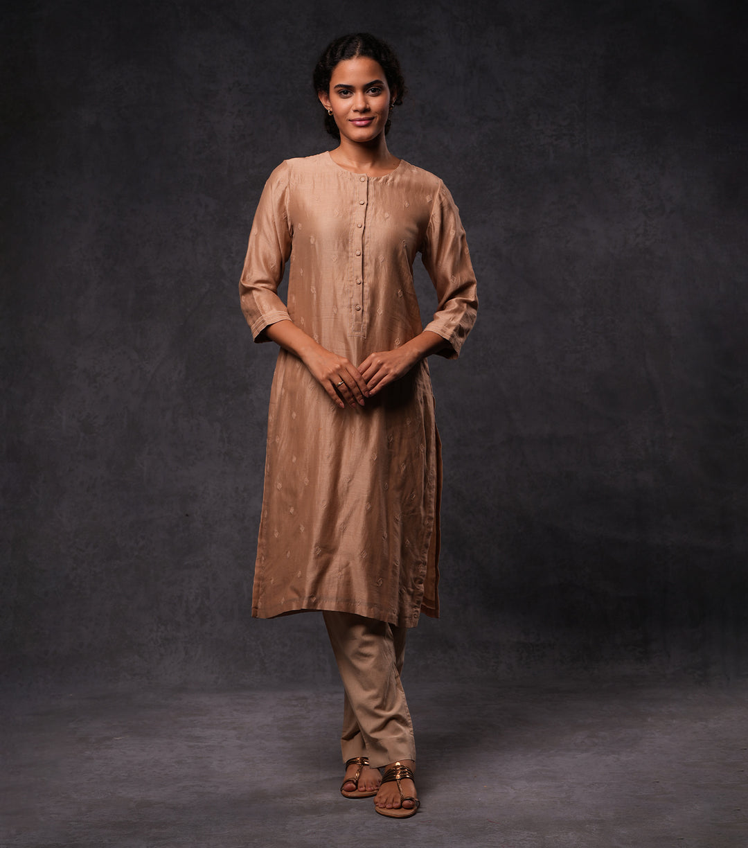 Beige Embroidered Cotton Silk Kurta Set