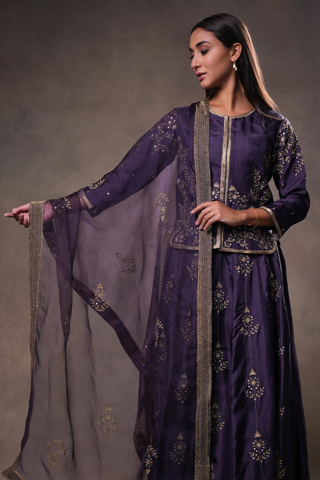 Dia Mirza in Purple Hand Embroidered Silk Lehenga Set with Kurti & Dupatta