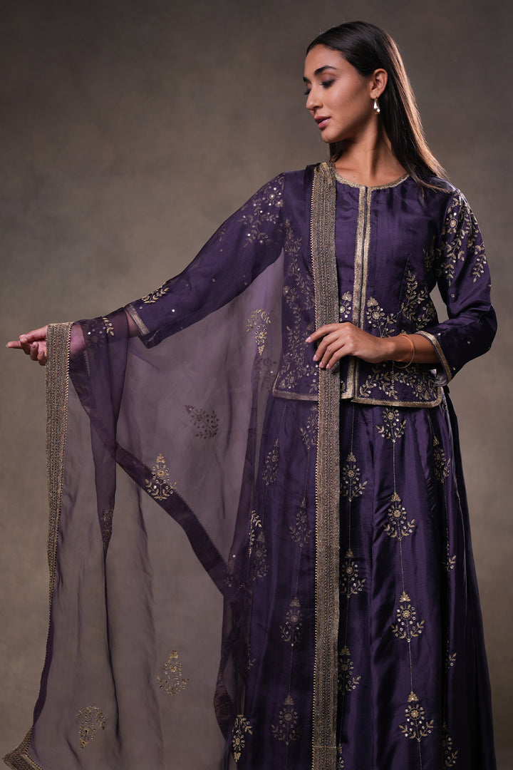 Dia Mirza in Purple Hand Embroidered Silk Lehenga Set with Kurti & Dupatta
