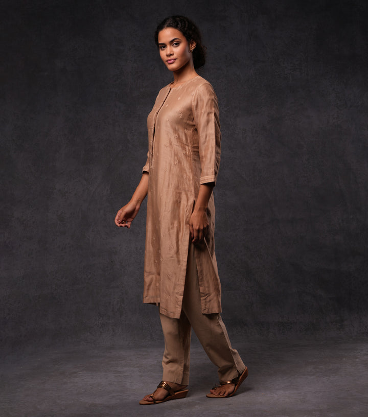 Beige Embroidered Cotton Silk Kurta Set
