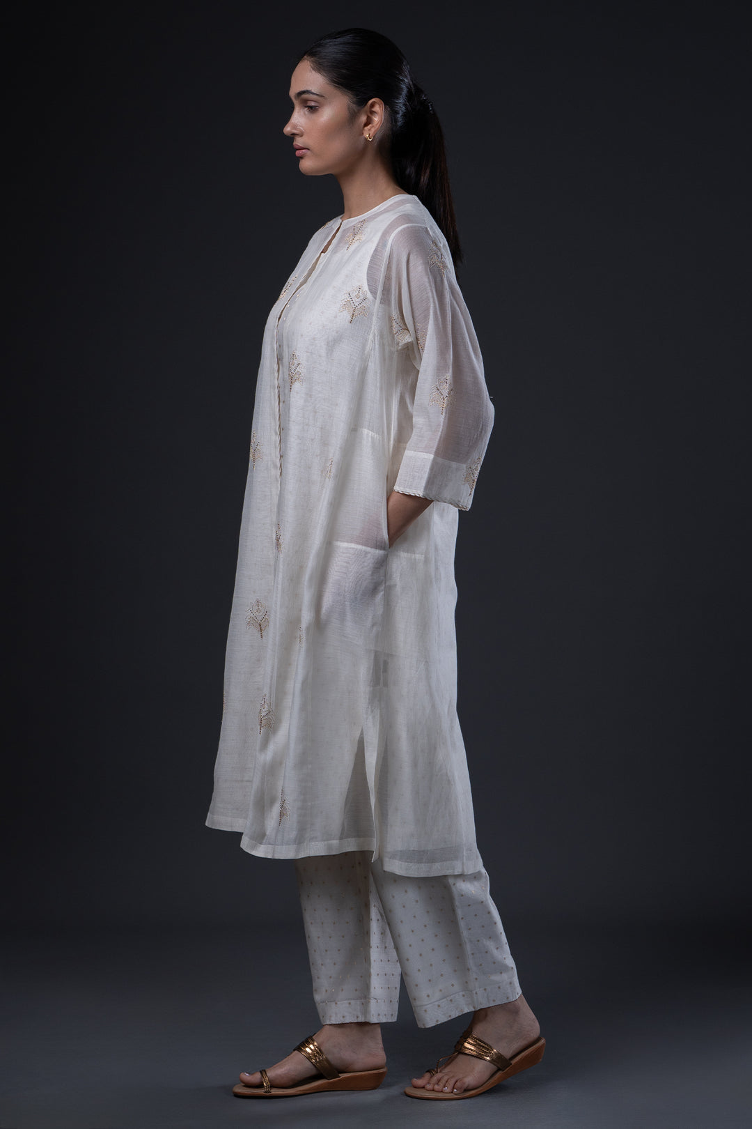 Natural Hand Embroidered Banarsi Chanderi Cape with Slip
