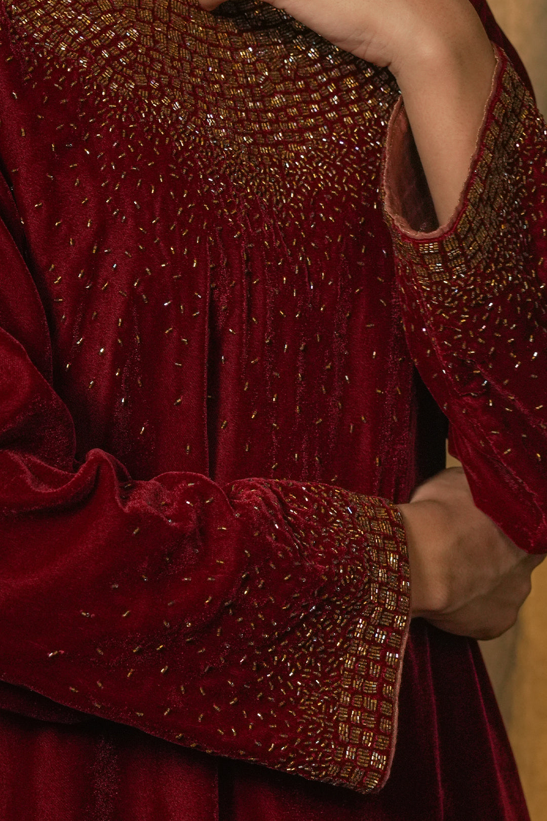 Maroon Velvet Kurta with Pants and Tissue Dupatta