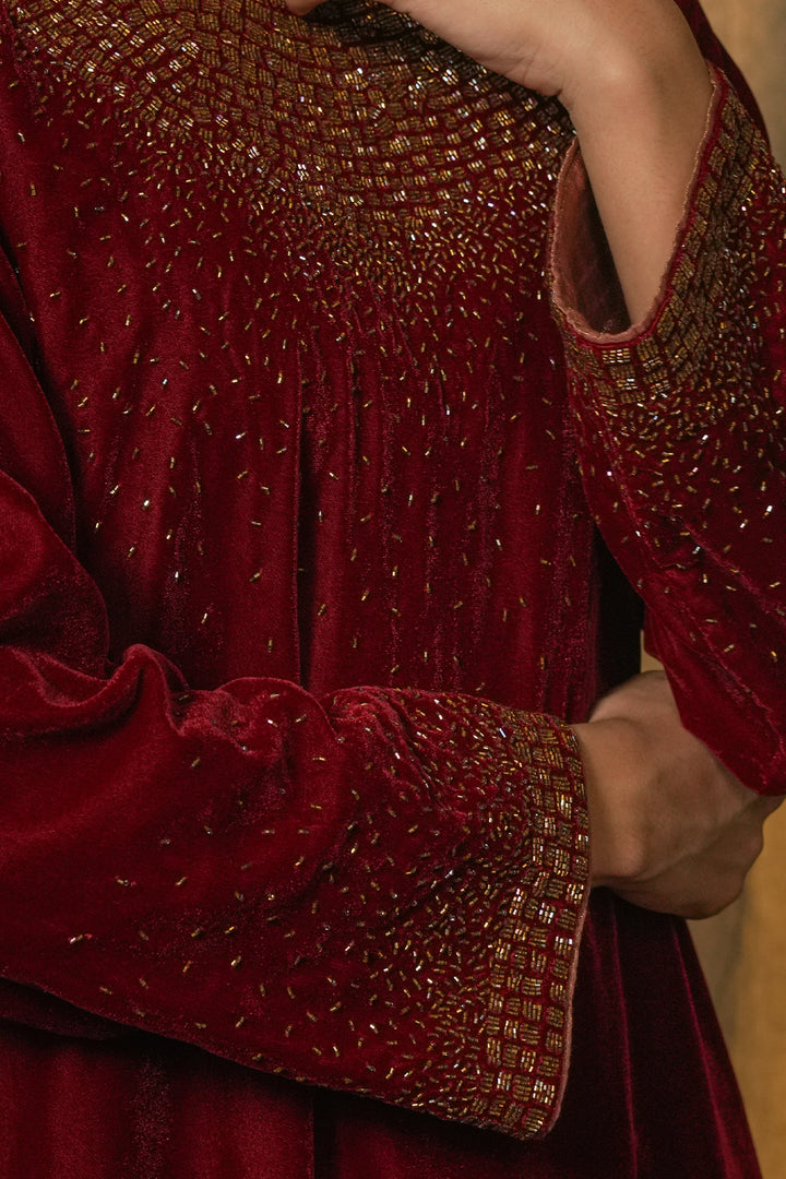 Maroon Velvet Kurta with Pants and Tissue Dupatta