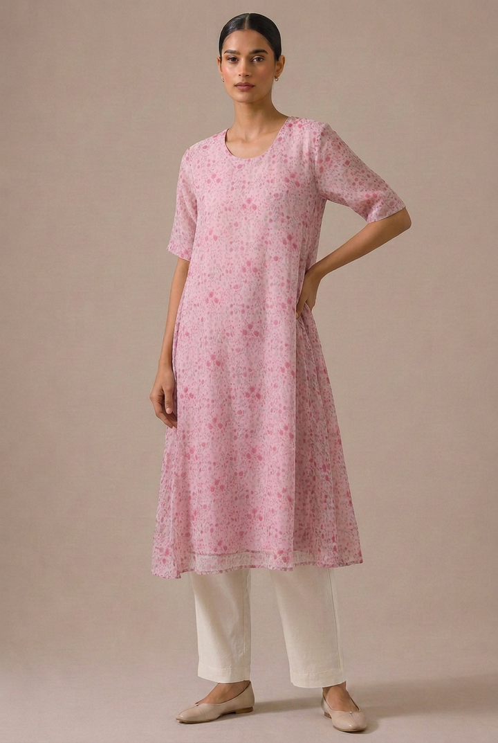 Pink Blossom Chiffon Printed Kurta