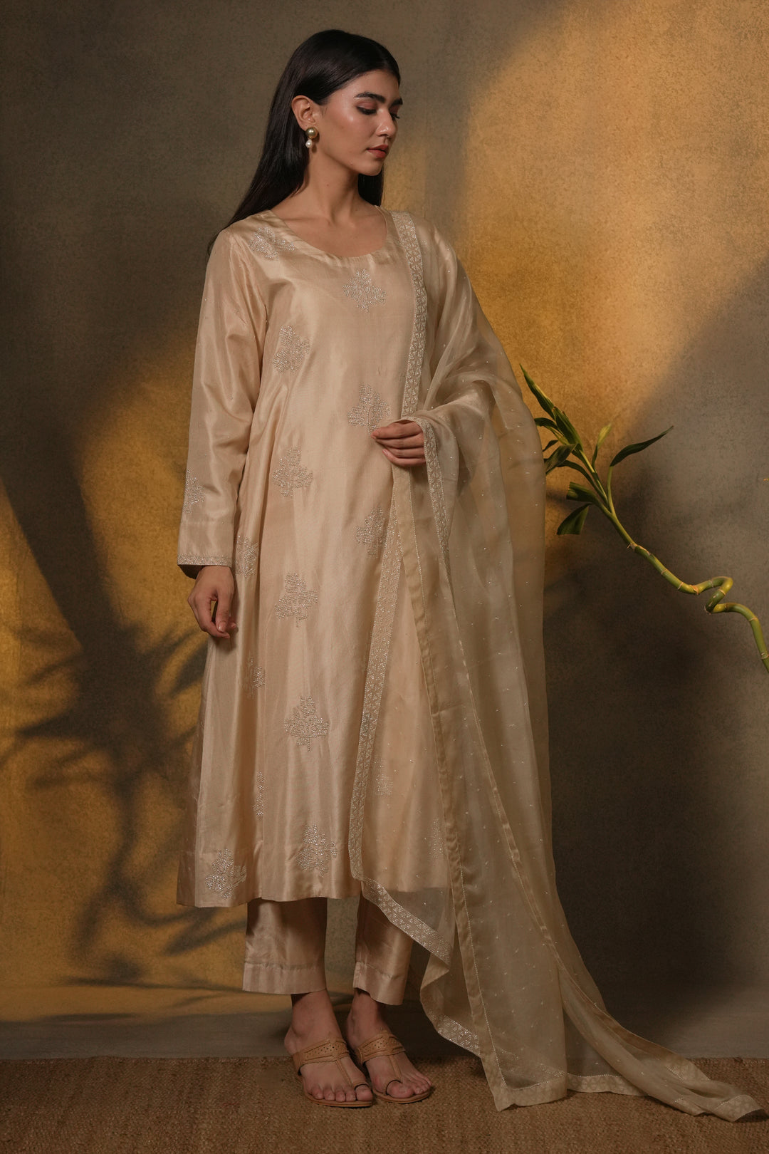 Beige Hand Embroidered Silk Kurta with Pants and Organza Dupatta
