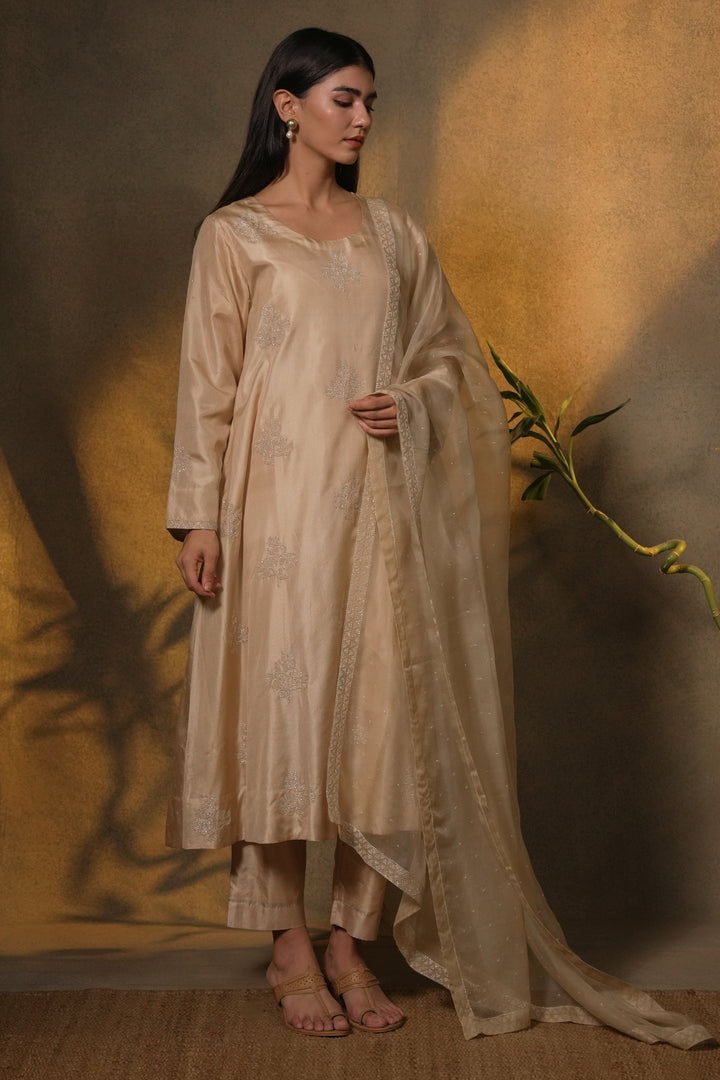 Beige Hand Embroidered Silk Kurta with Pants and Organza Dupatta