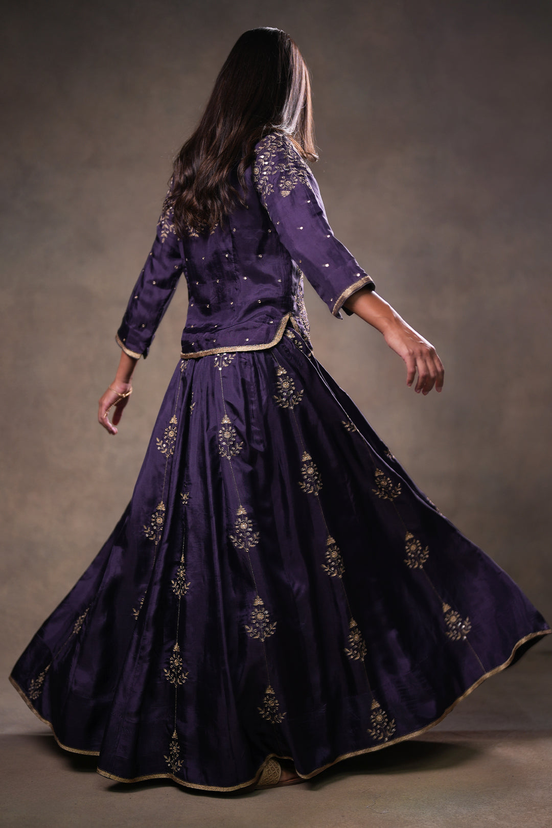 Dia Mirza in Purple Hand Embroidered Silk Lehenga Set with Kurti & Dupatta