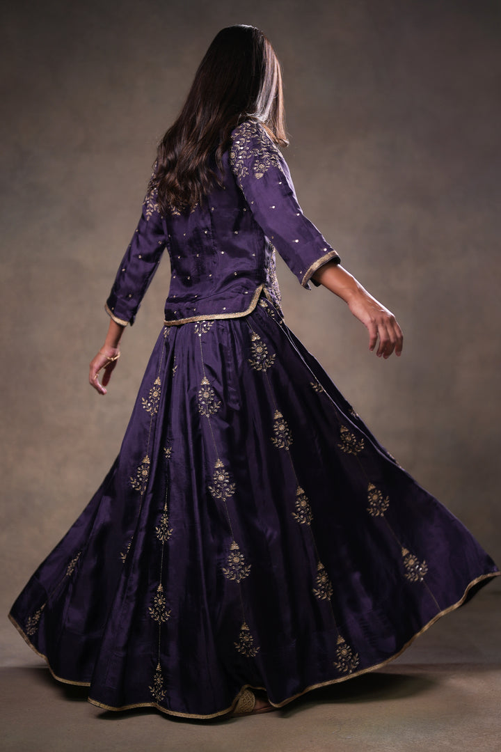 Dia Mirza in Purple Hand Embroidered Silk Lehenga Set with Kurti & Dupatta