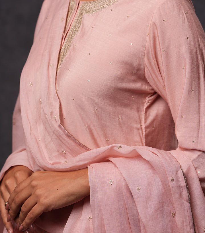 Pink Hand Embroidered Cotton Silk Kurta Set