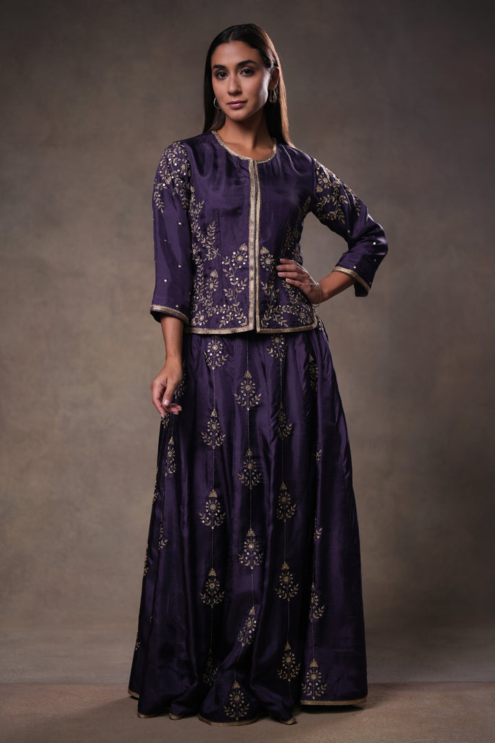Dia Mirza in Purple Hand Embroidered Silk Lehenga Set with Kurti & Dupatta