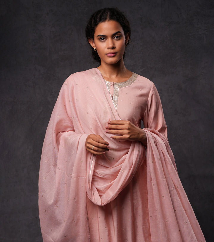Pink Hand Embroidered Cotton Silk Kurta Set