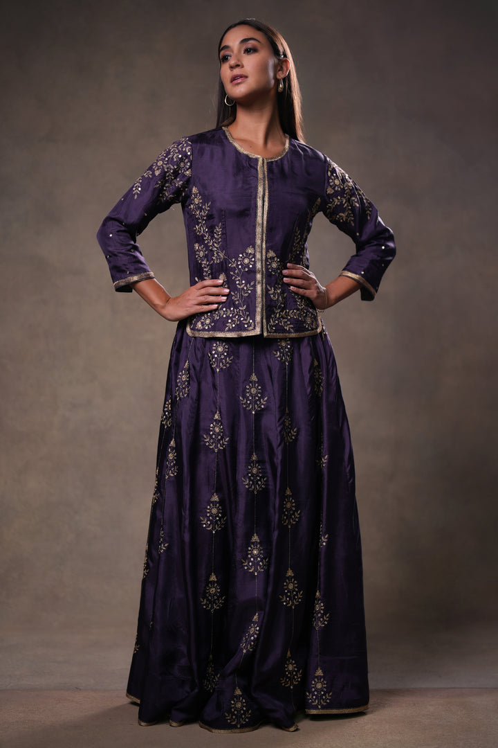 Dia Mirza in Purple Hand Embroidered Silk Lehenga Set with Kurti & Dupatta