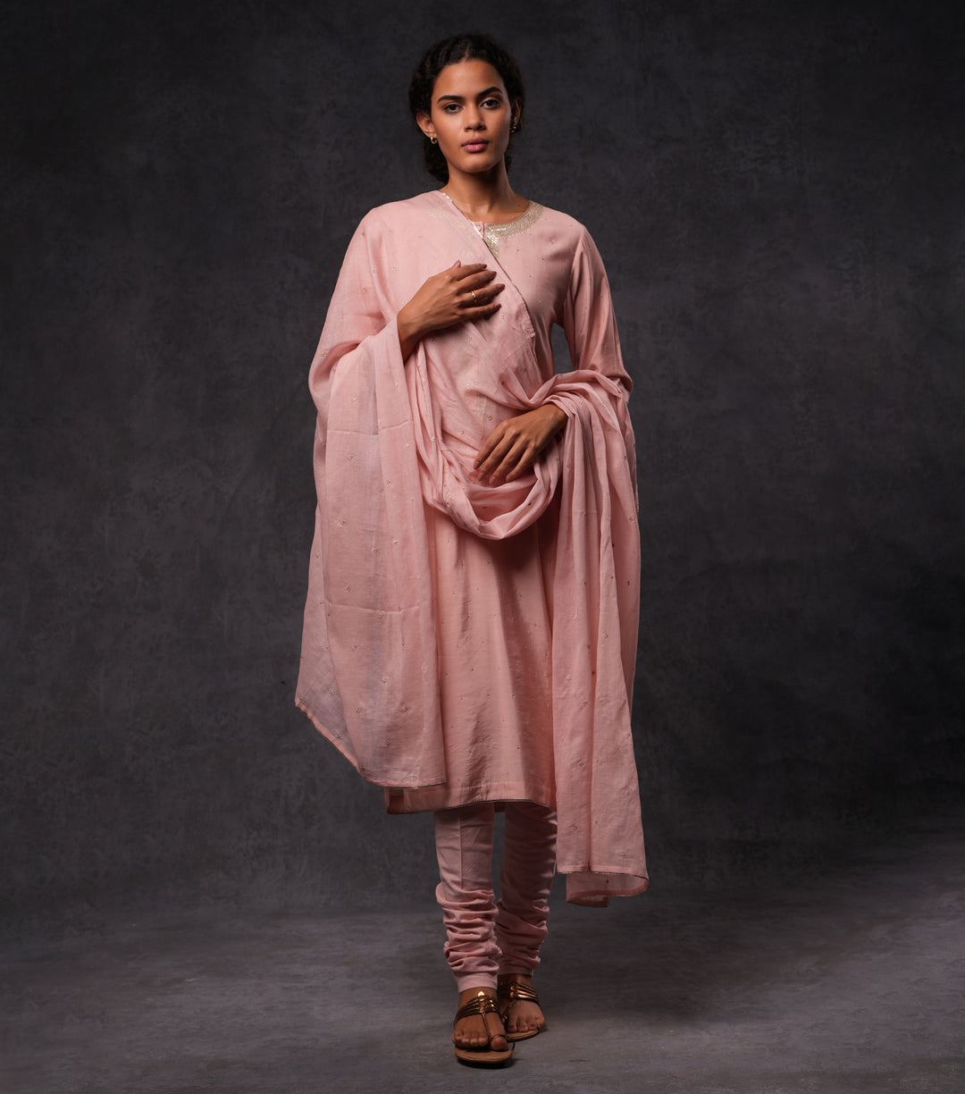 Pink Hand Embroidered Cotton Silk Kurta Set