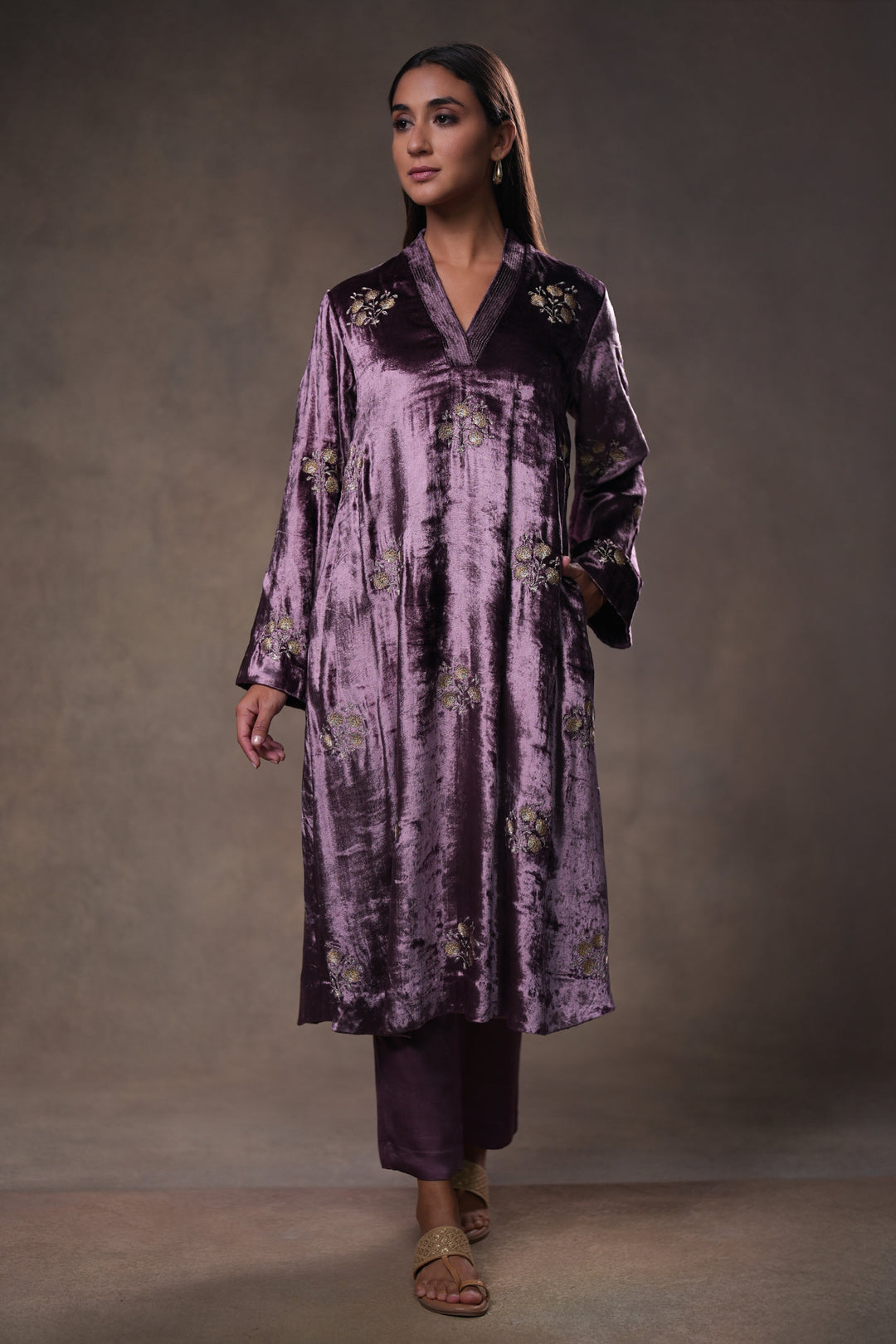 Plum Embroidered Velvet Kurta with Pants and Dupatta