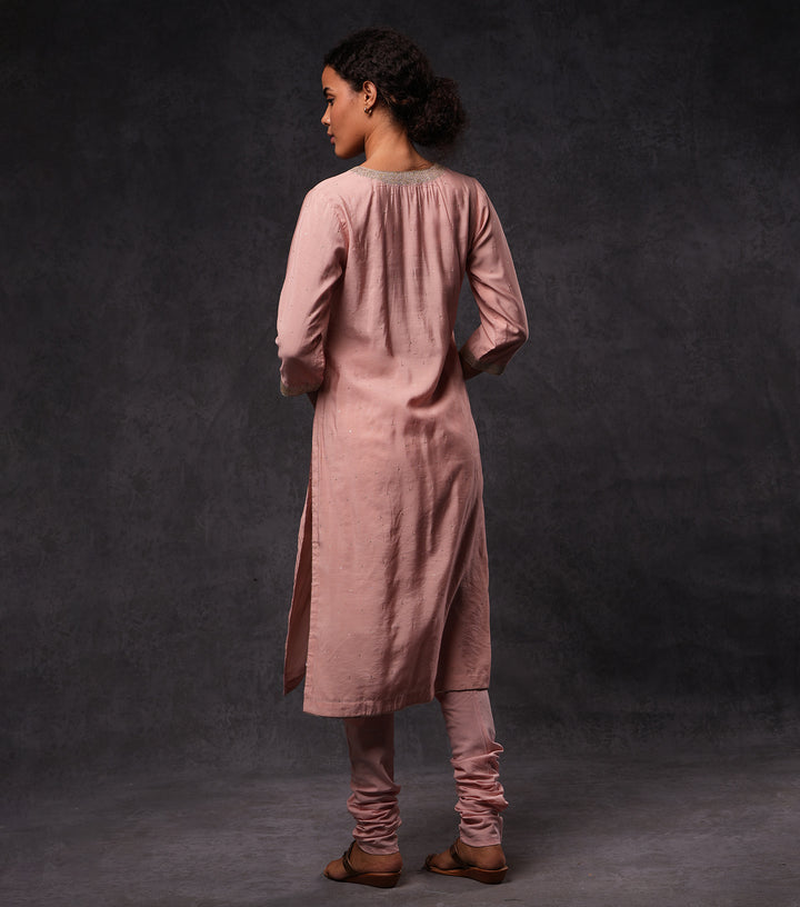 Pink Hand Embroidered Cotton Silk Kurta Set