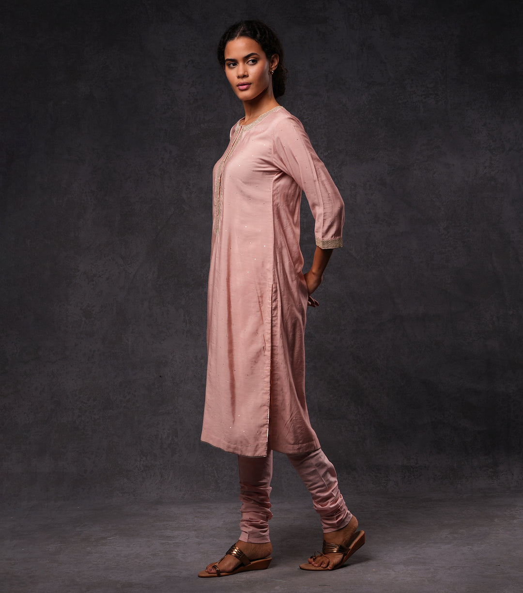 Pink Hand Embroidered Cotton Silk Kurta Set