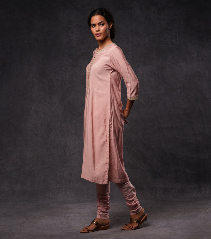 Pink Hand Embroidered Cotton Silk Kurta Set