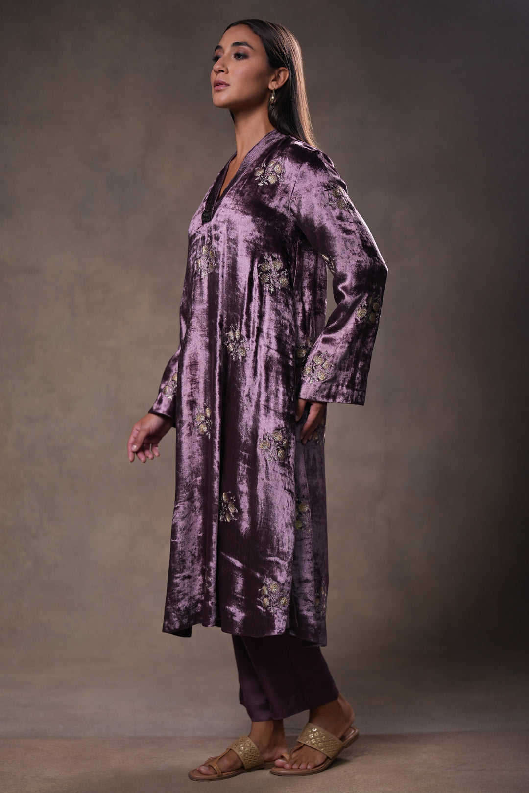 Plum Embroidered Velvet Kurta with Pants and Dupatta