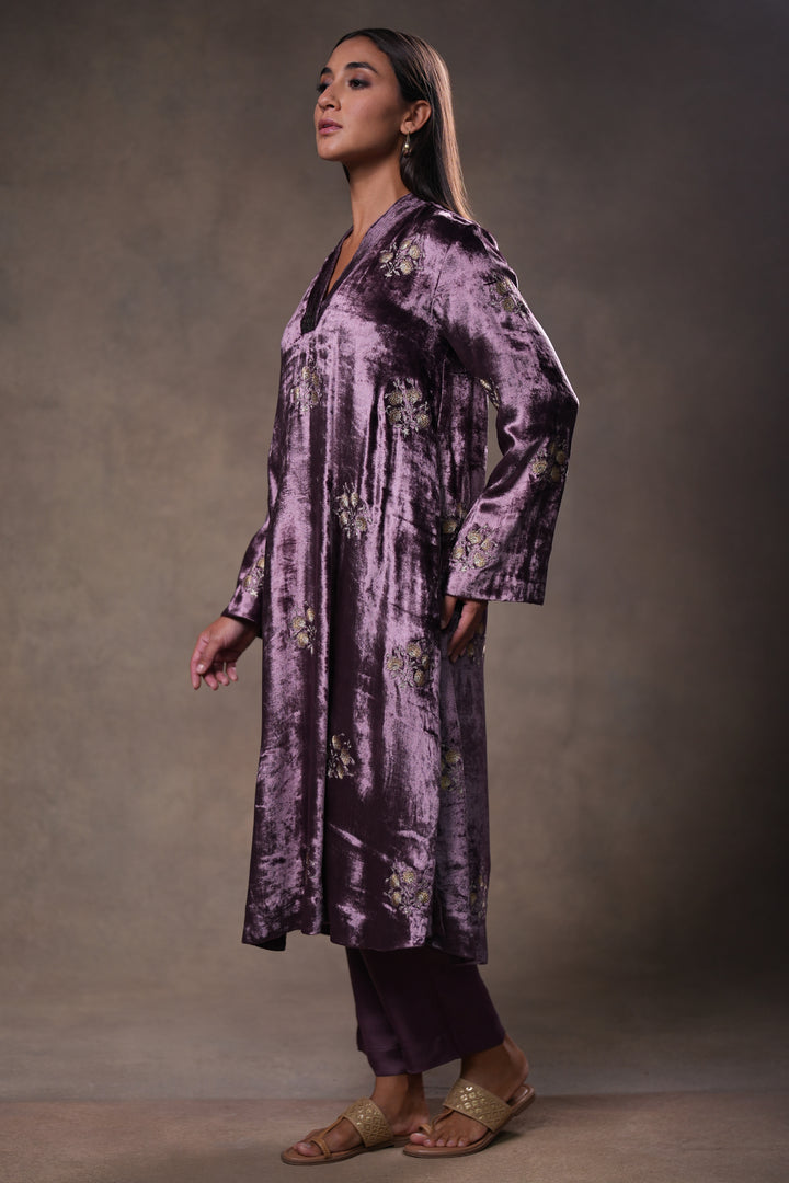 Plum Embroidered Velvet Kurta with Pants and Dupatta