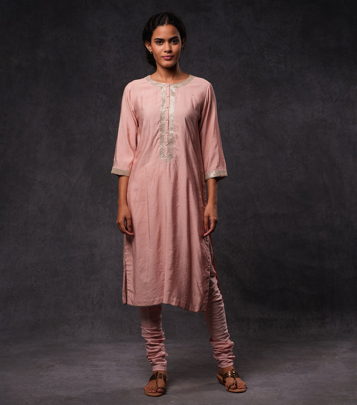 Pink Hand Embroidered Cotton Silk Kurta Set