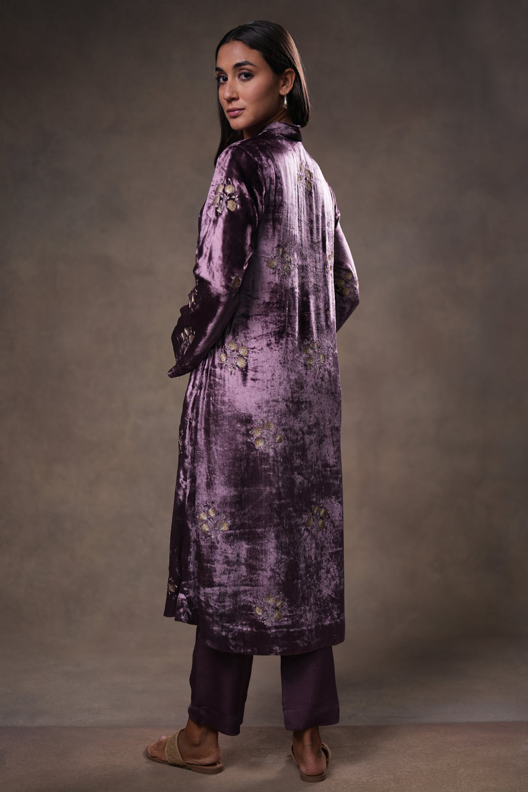 Plum Embroidered Velvet Kurta with Pants and Dupatta