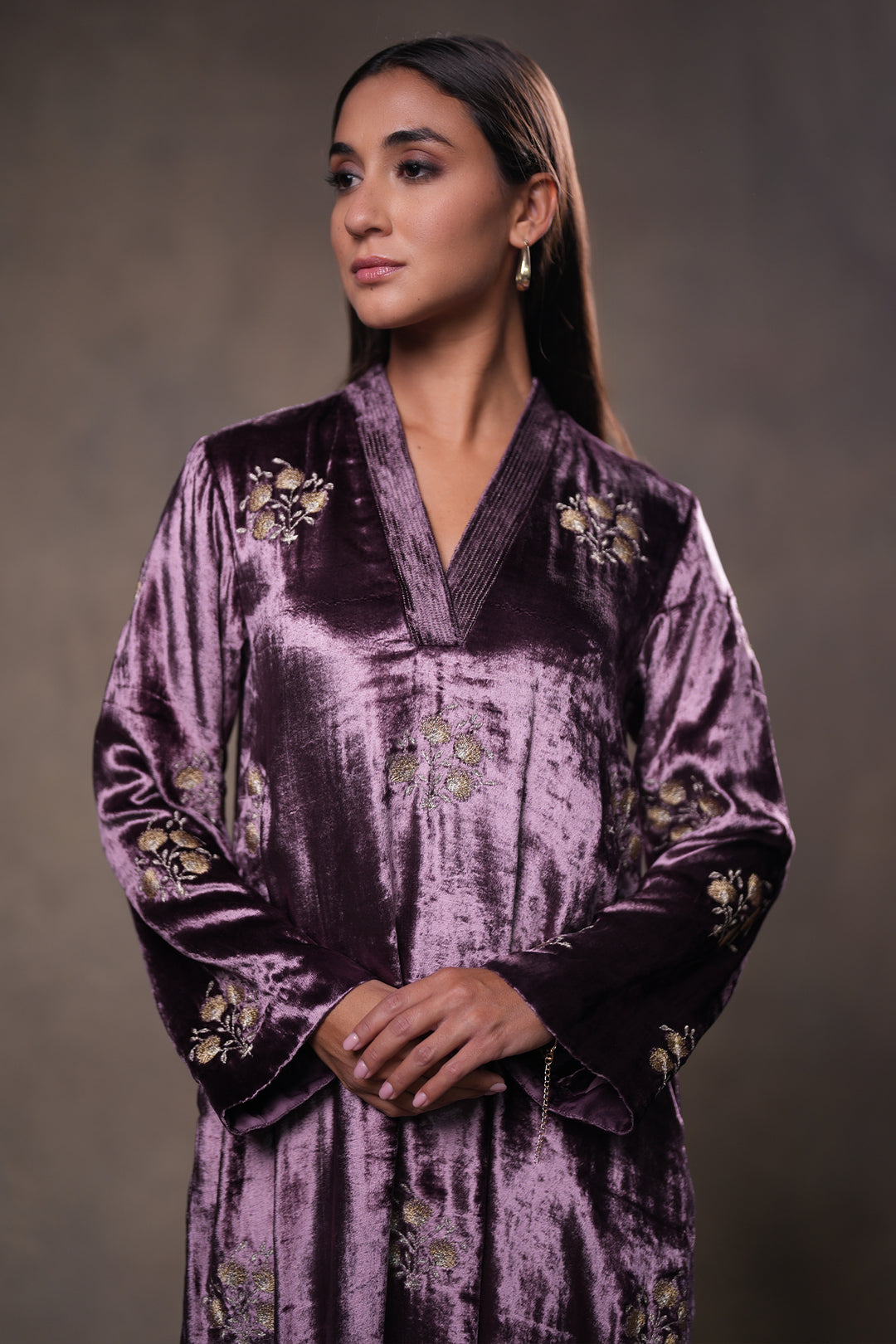 Plum Embroidered Velvet Kurta with Pants and Dupatta