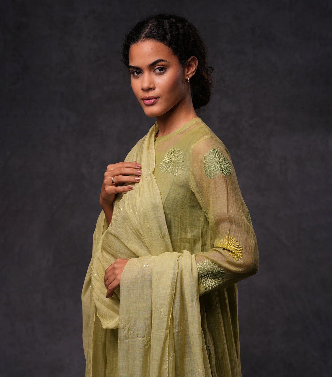Green Embroidered Cotton Silk Kurta Set