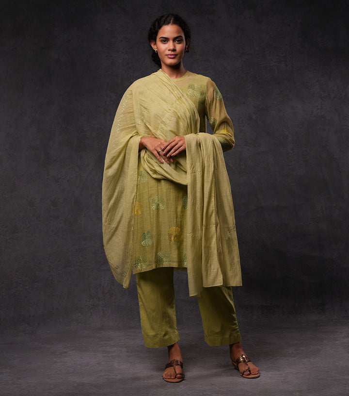 Green Embroidered Cotton Silk Kurta Set