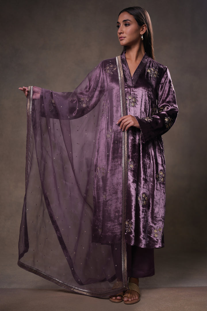 Plum Hand Embroidered Organza Dupatta