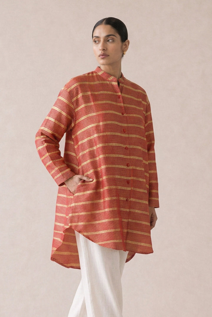 Red Striped Woven Silk Shirt
