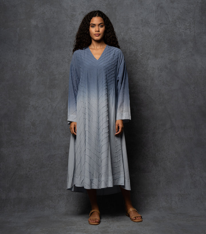 Blue Ombre Thread Embroidered Cotton Dress