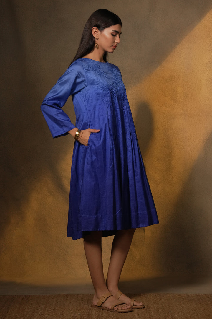 Blue Embroidered Silk Dress