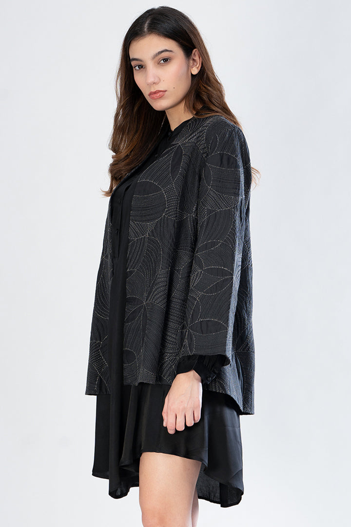 Black Embroidered Quilted Silk Jacket