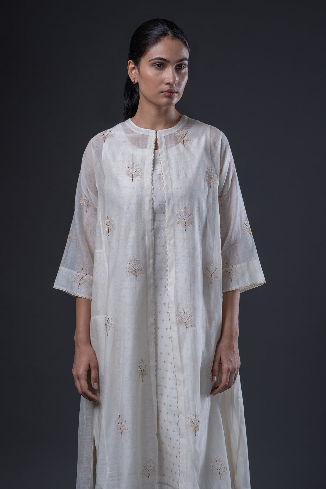 Natural Hand Embroidered Banarsi Chanderi Cape with Slip