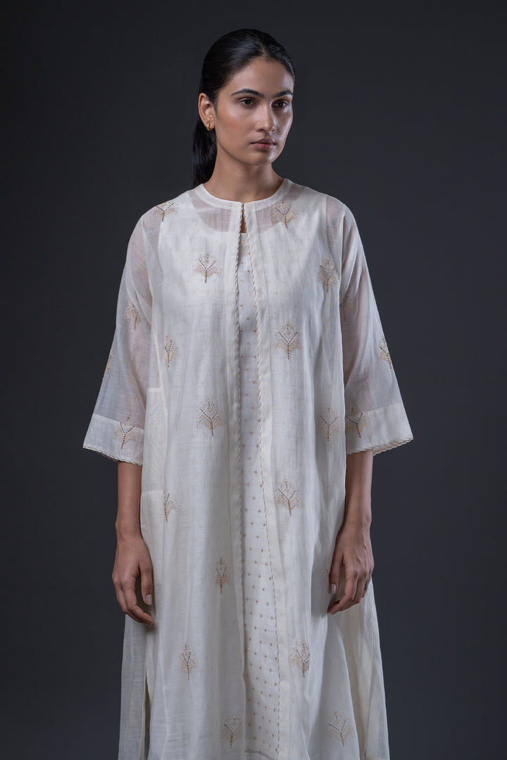 Natural Hand Embroidered Banarsi Chanderi Cape with Slip