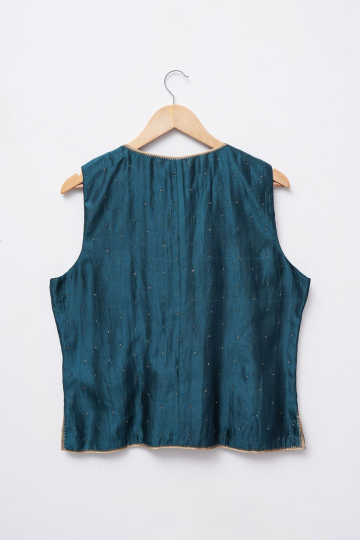Teal Blue Hand Embroidered Silk Jacket