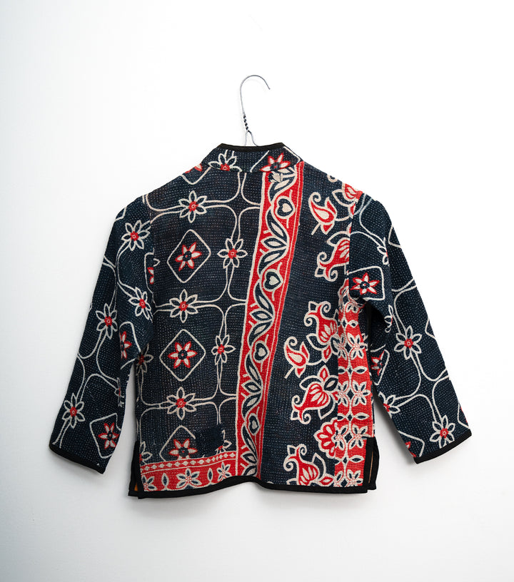 Black Vintage Cotton Kantha Jacket For Kids