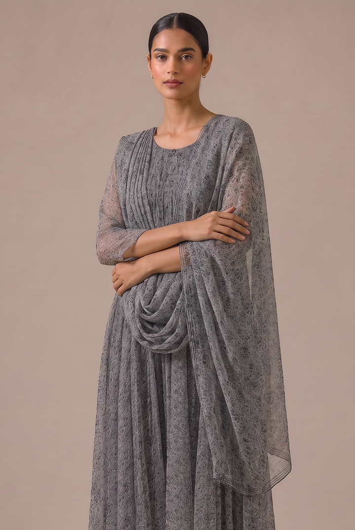 Grey Printed Chiffon Dupatta