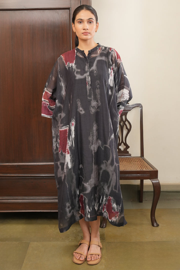 Black Abstract Print Chanderi Kaftan