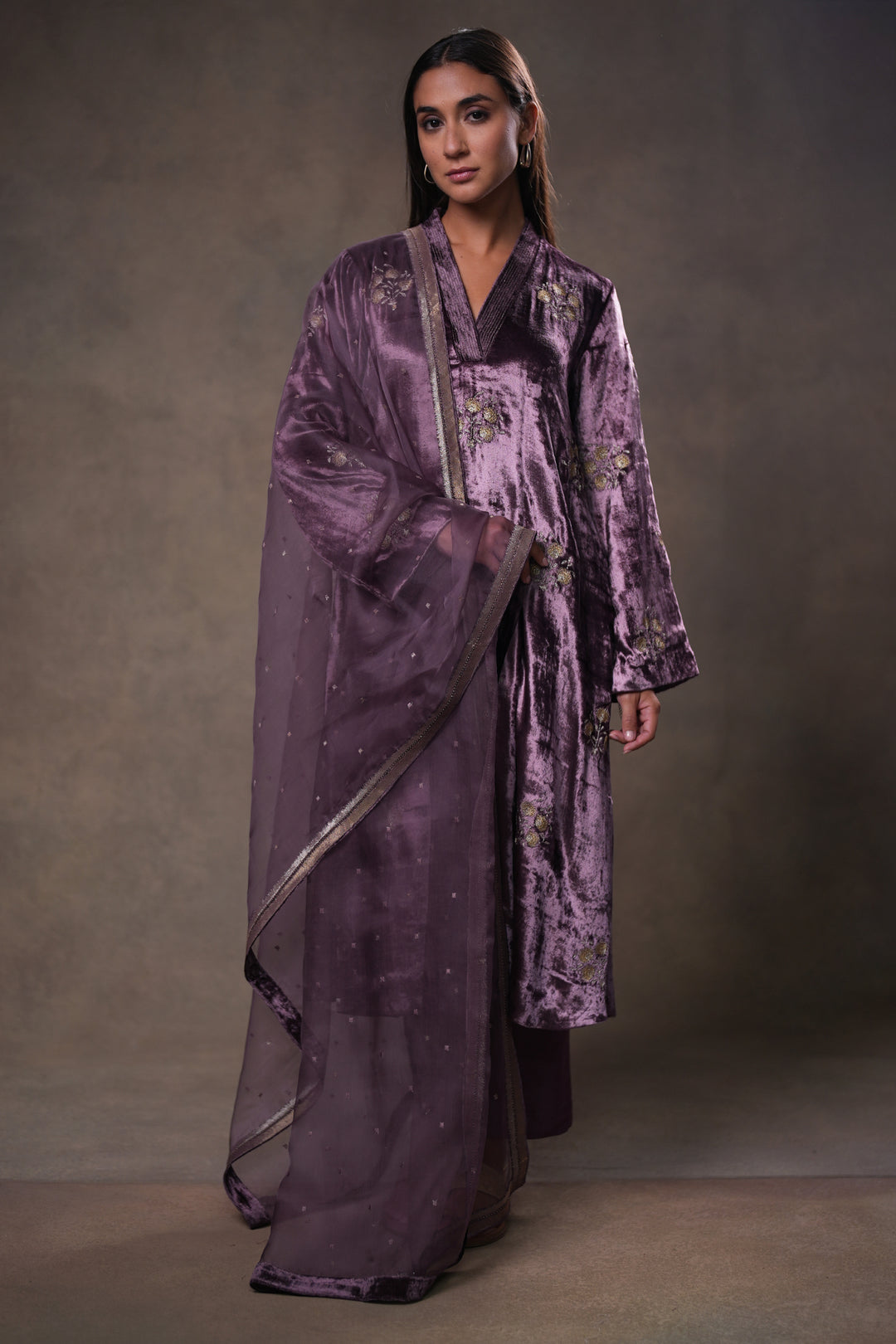 Plum Hand Embroidered Organza Dupatta