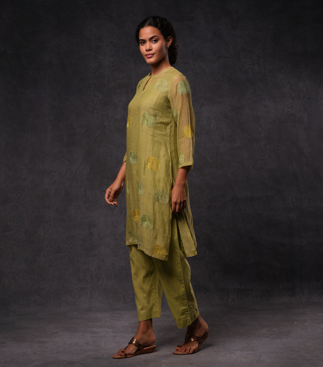 Green Embroidered Cotton Silk Kurta Set