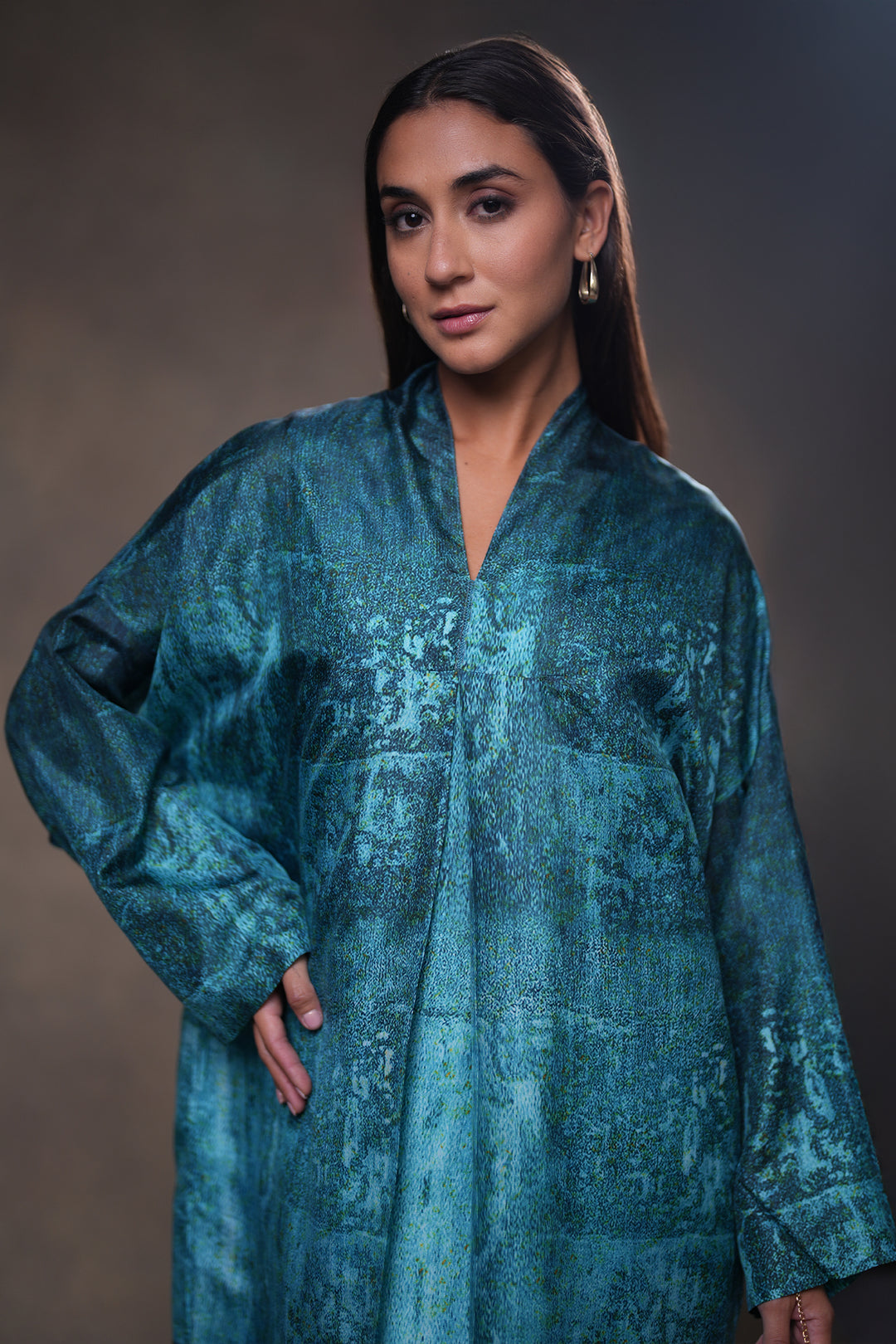 Teal Blue Printed Silk Dress