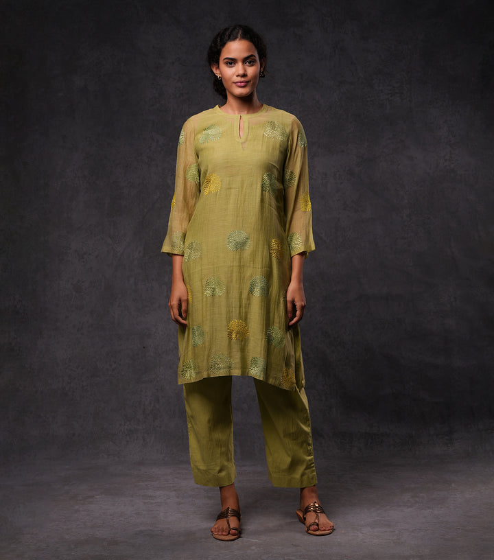 Green Embroidered Cotton Silk Kurta Set